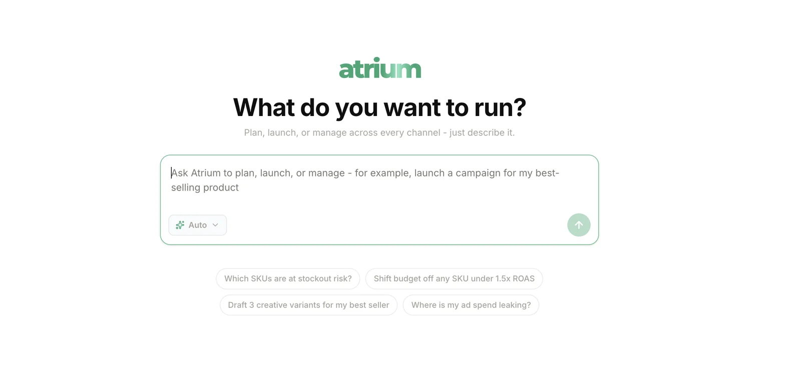 The Atrium platform command box — plan, launch, or manage a campaign across every channel just by describing it